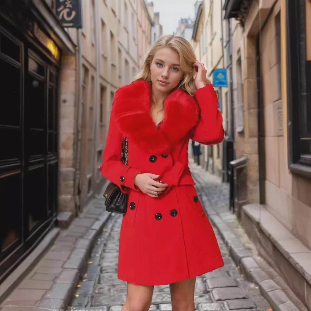 Женское шерстяное зимнее пальто средней длины с большим меховым воротником - европейский размер