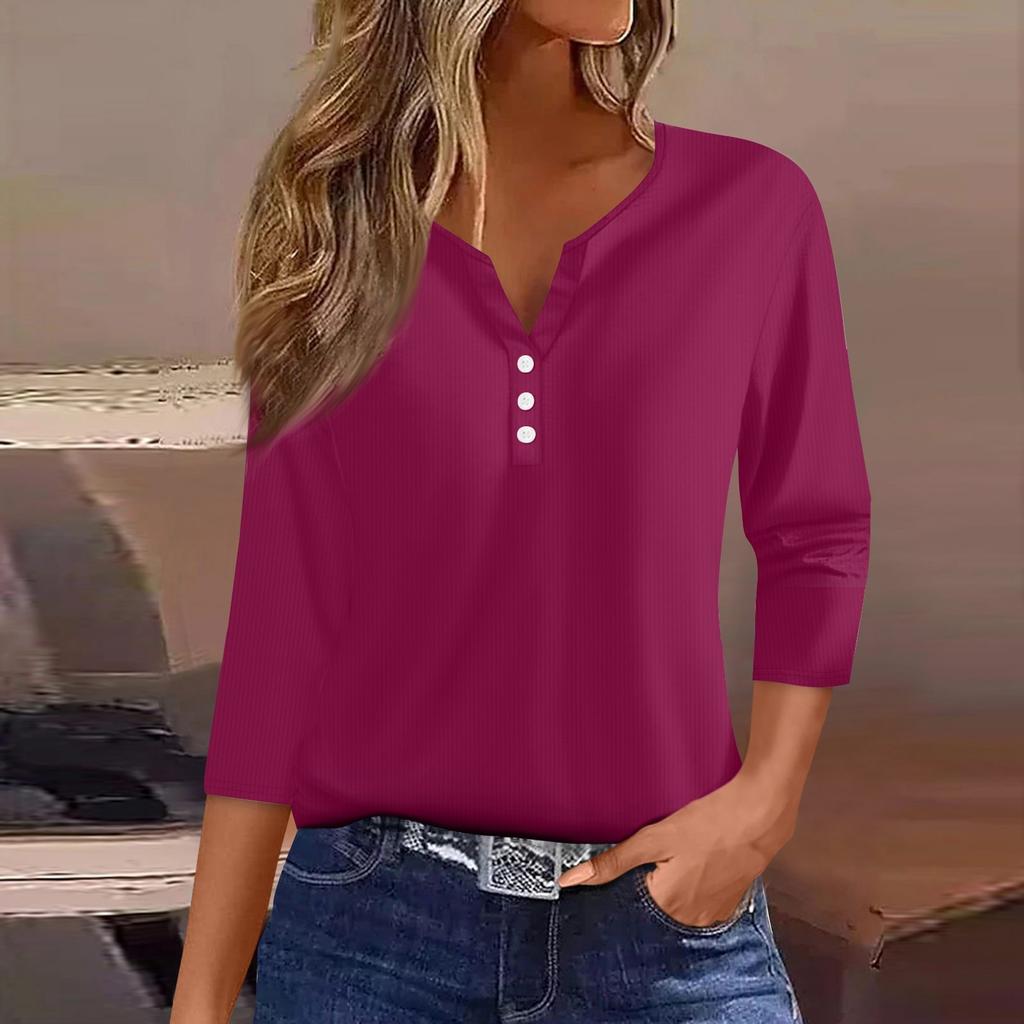 Women's T Shirt Tee Print Button 3/4 Sleeve Tunic Daily Weekend Fashion Basic V- Neck Regular Top