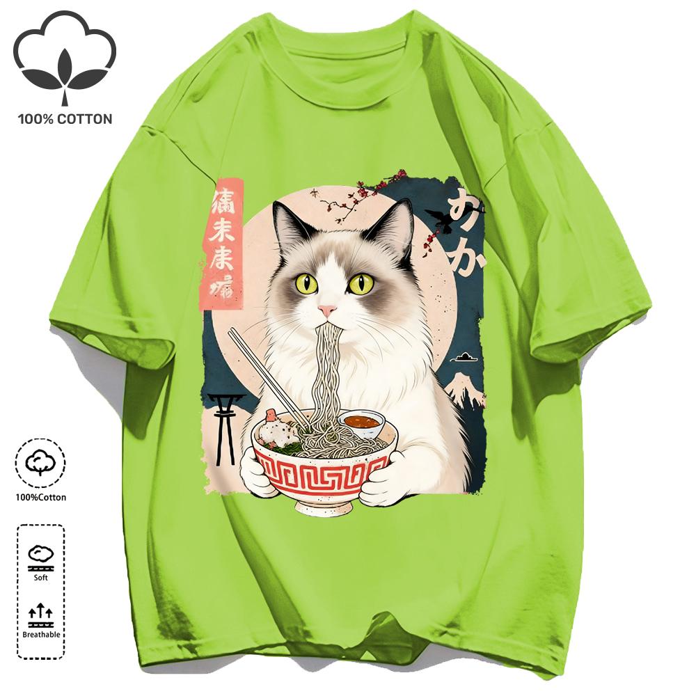 Puppet Cats Who Like To Eat Lamian Noodles T-Shirt Unisex Cotton O-Neck Tee Summer Loose Clothing Fashion Unisex Retro Short Sleeve