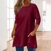 3/4 Sleeve Pocket Tops For Women T-Shirt Casual Print Mid-length Tops T Shirt Round Neck Pullover  Blouse