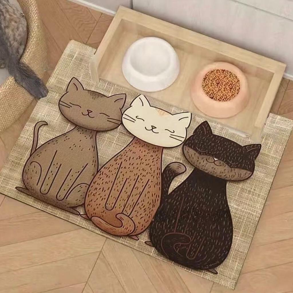 Нескользящий коврик для кормления кошек - Дизайн с 3 милыми кошками, Непромокаемый и легко моющийся, Прочный коврик для еды для домашних животных из силикагеля, Стильный и функциональный коврик для питомца
