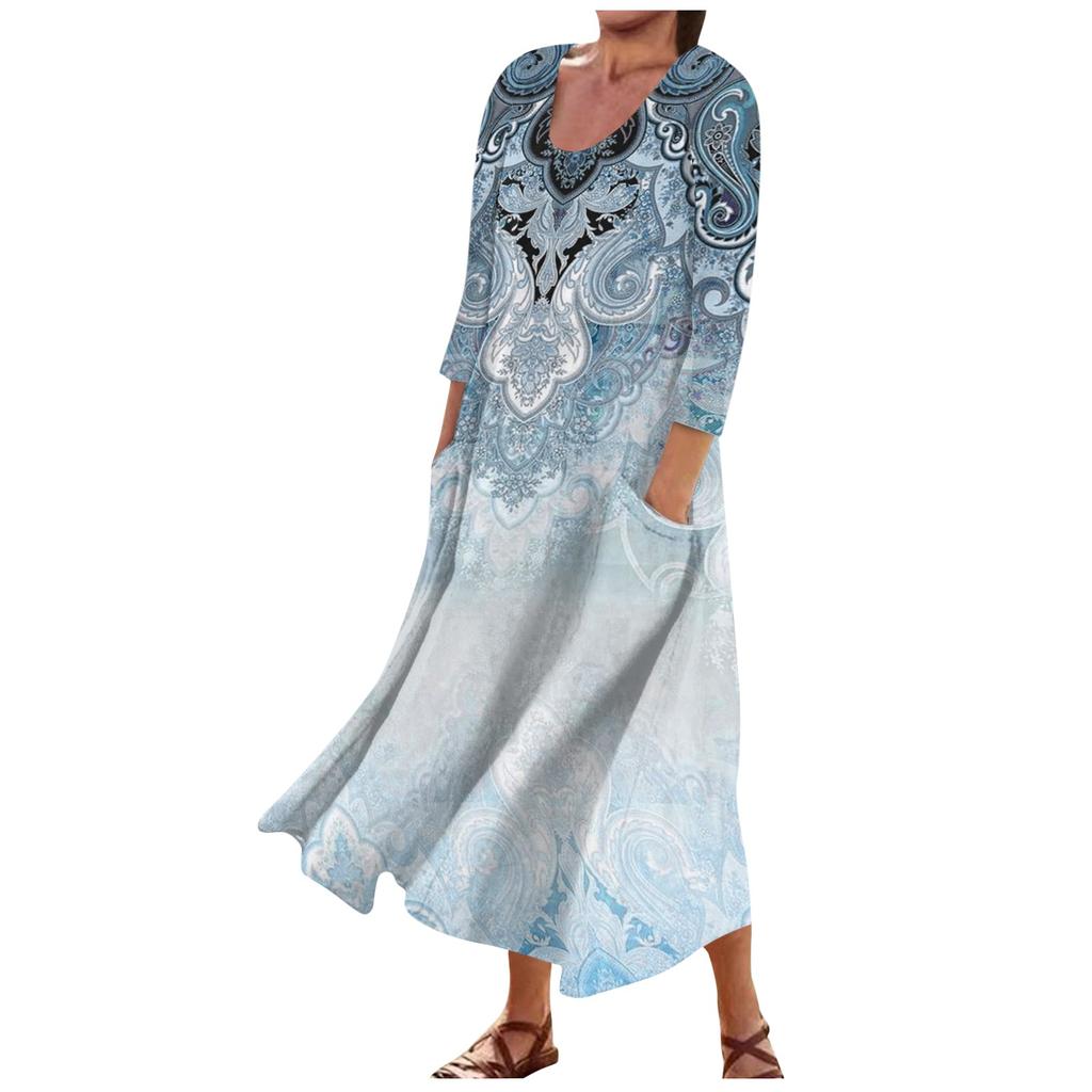 Женское модное повседневное свободное карманное платье с круглым вырезом и рукавами 3/4