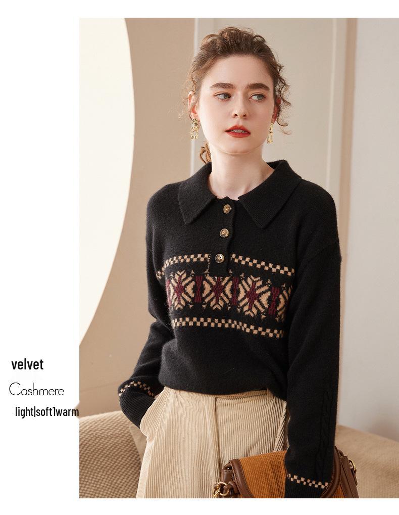 Women's Light Luxury Cashmere Polo Neck Sweater - Loose Fit Wool Knit Pullover