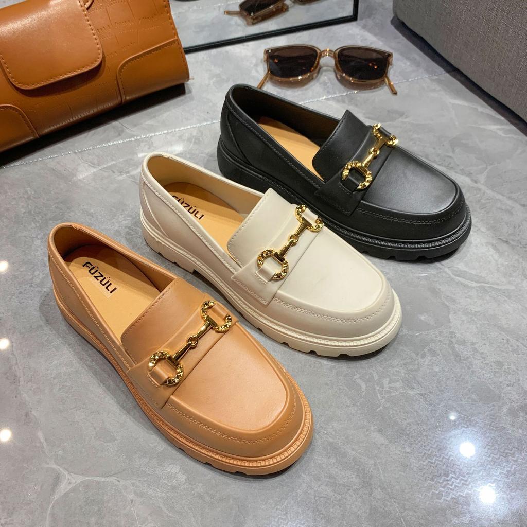 Мокасины Ji British Style Retro ПВХ с одной педалью, маленькая золотая пряжка, круглая головка, толстая подошва, сумка-туфля