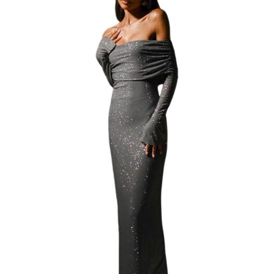 Женское вечернее платье с вырезом лодочкой, открытыми плечами, длинными рукавами, сверкающими пайетками, бронзовым отливом, без бретелек, облегающее платье для выпускного вечера, коктейльное платье макси