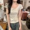 Summer Versatile Large Crew Neck Exposed Clavicle Skinny Slim Design Short Sleeve T-Shirt Women's Top