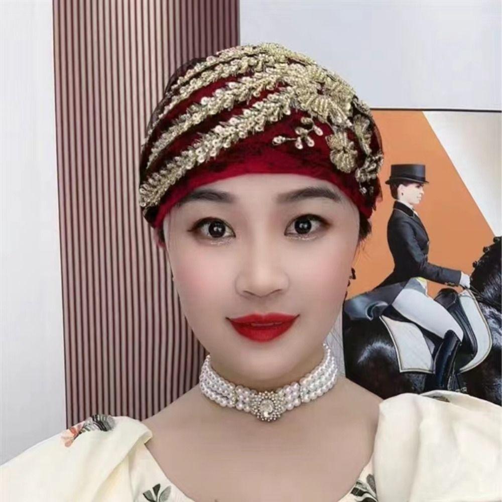 Head Scarf Lace Turban Hats Rhinestone Islamic Under Scarf Solid Color Summer Thin Headscarf  Girls