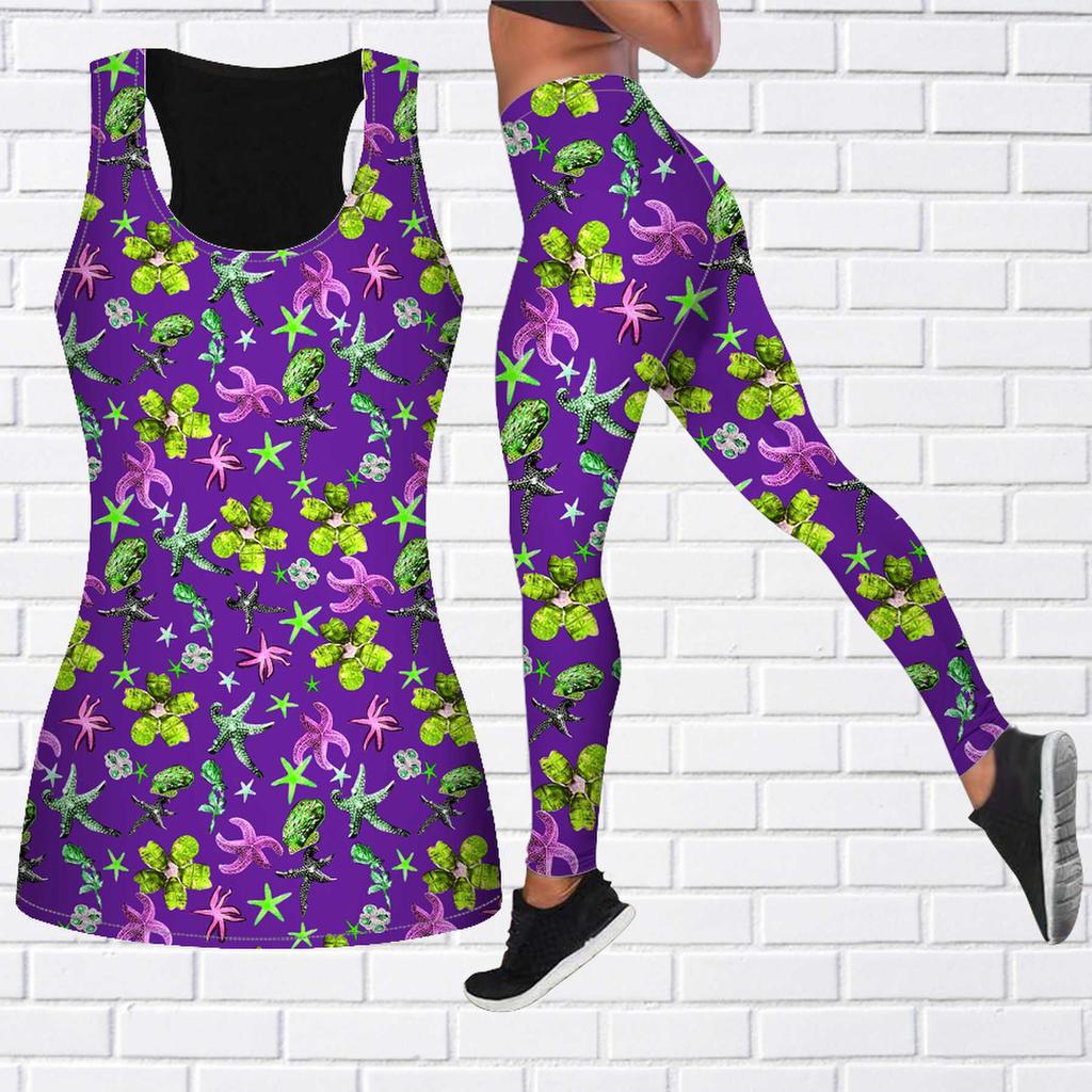 Фиолетовый наряд для йоги с принтом морской звезды для женщин, модные леггинсы для тренировок, спортивные повседневные штаны для фитнеса и йоги