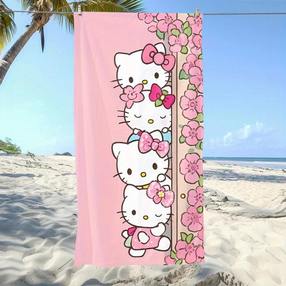 Hello Kitty Beach Towel Cartoon Flower Print Microfiber Quick Dry Bath Towel Oversized Absorbent Beach Blanket