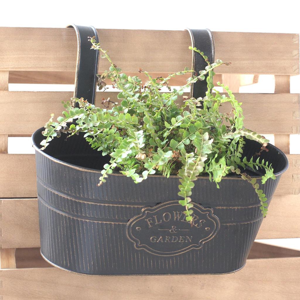 Vintage Distressed Oval Tin Flower Pot with Double Detachable Hooks