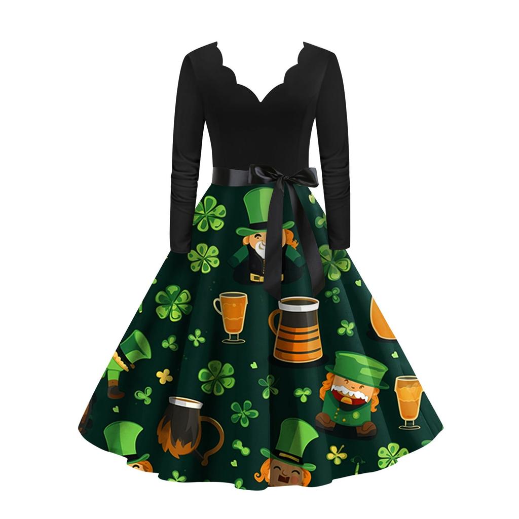 Women's Vintage Classic Dress Long Sleeve St. Patrick's Day Print V-neck Swing Dress