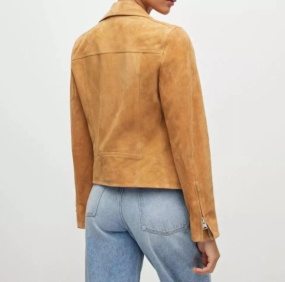 Женская замшевая куртка ручной работы из загорелой кожи, стильная, байкерская, мотоциклетная, повседневная