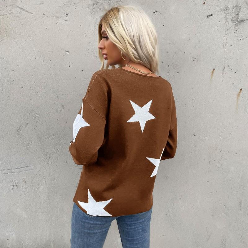 Womens Fit Star Print Round Neck Long Sleeve Knit Top - Acrylic Blend Casual Daily Wear
