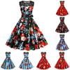 Women's Fashion Christmas Sleeveless Print Lace Patchwork Round Neck Dress