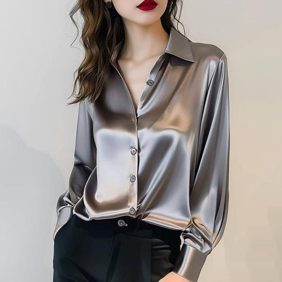 Женская рубашка однотонная гладкая атласная с длинным рукавом и лацканами, повседневные топы Single