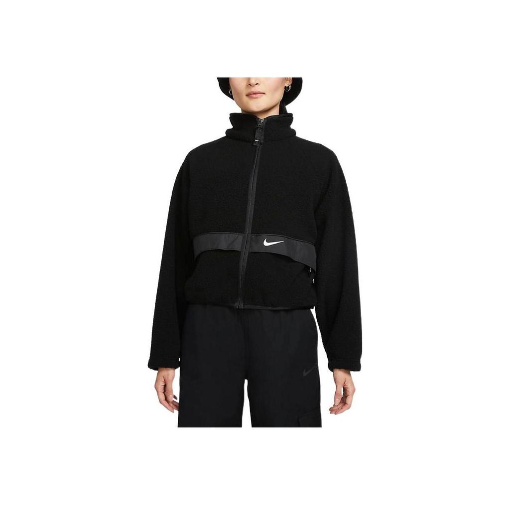 Nike Флисовая теплая однотонная короткая куртка с логотипом и воротником-стойкой, женские куртки черного цвета DO7761-010