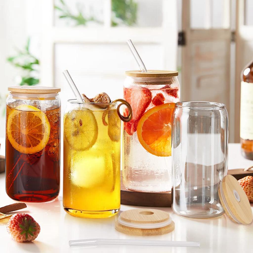 Набор из 4 стеклянных стаканов для колы, банок с бамбуковой крышкой и соломинками, многоразовые стаканы для питья, пивные банки, стаканы для кофе, молока