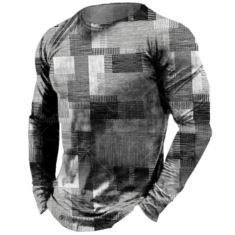 Винтажная мужская футболка с длинным рукавом, топы с клетчатым принтом, осенняя толстовка большого размера, мужская повседневная уличная одежда с круглым вырезом, мужская одежда