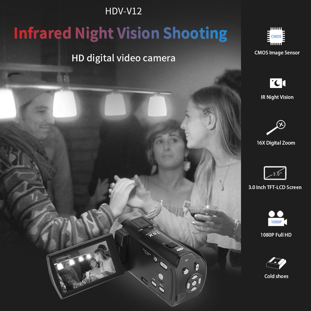 Andoer V12 Цифровая видеокамера 1080p 30MP Hd 16x Zoom Портативная записывающая видеокамера 3,0-дюймовый вращающийся ЖК-экран ночного видения