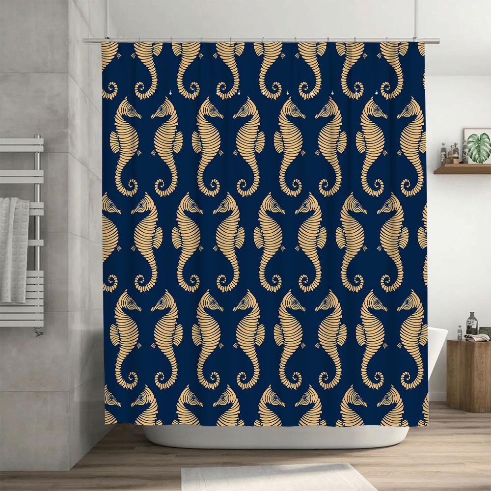 Gold Seahorse Bath Shower Curtain Decorative Waterproof Fabric Printing Bathroom Window Privacy Protection Home Decoration Custo