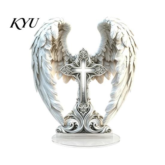 Decorative Cross for Desk Angel Wings Table Sign, Acrylic Religious Wing Statue, Large Elegant Desktop Ornament Tabletop Ornaments Home Living