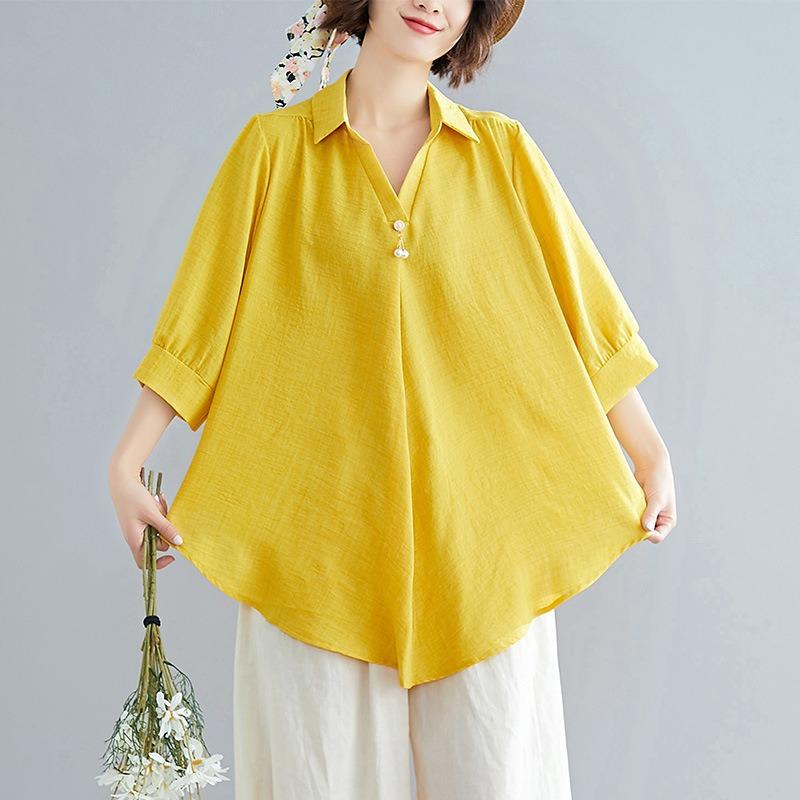Летняя женская рубашка с короткими рукавами, элегантный V-образный вырез, нерегулярный хлопковый лен, удобный свободный повседневный дышащий топ