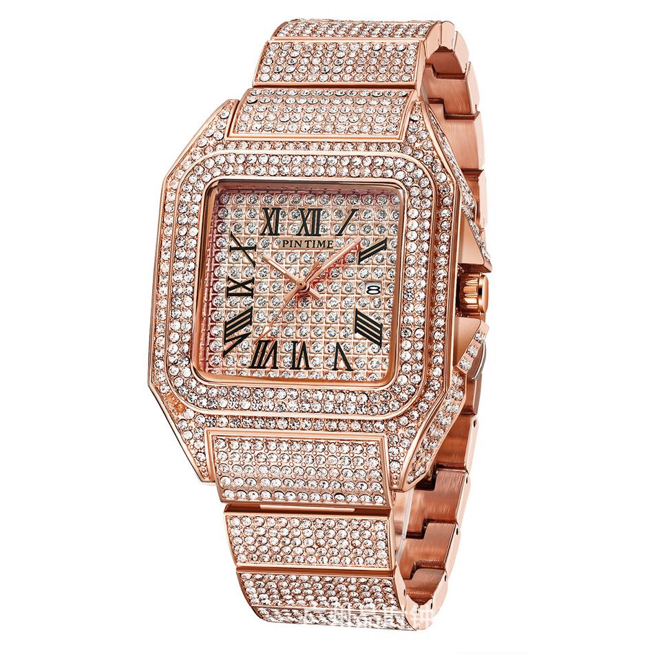 Gold or Black Watch Ice Out Square Wristwatch For Men Top Brand Luxury Full Diamond Mens Watches Waterproof Hip Hop Clock