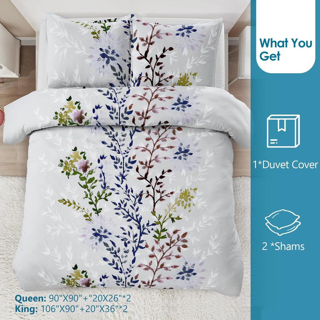White Leaf Three-piece Quilt Cover Digital Printing Bedding Set Simple Flower Bed Cover