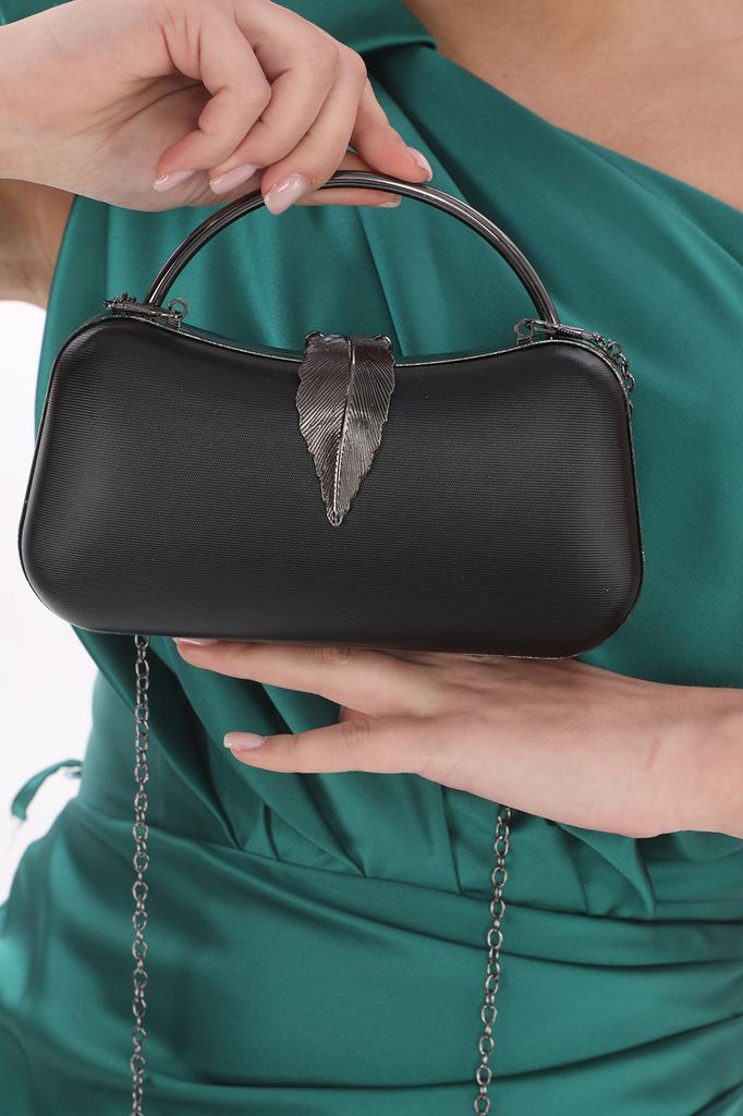 Women's Stylish and Useful Evening Dress Bag Gold Color Bream Material Leaf Accessory Hand and Strap Evening Dress Portfolio Clutch Evening Bag