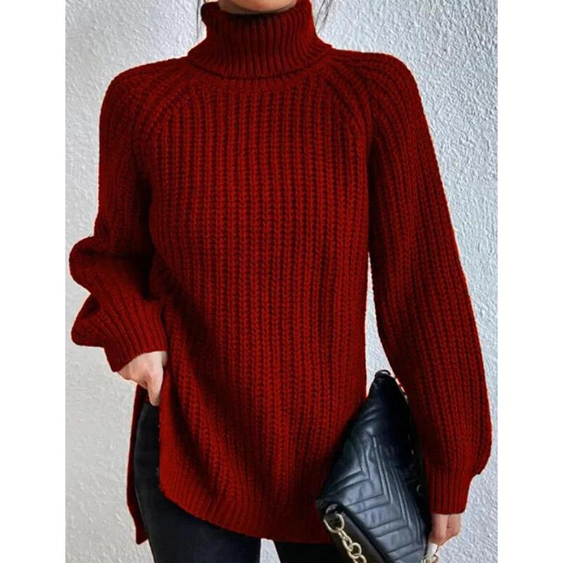 2024 Осень Зима Мягкий Трикотаж Модный Реглан Длинный Рукав Водолазка Раздельный Свитер Повседневный Теплый Однотонный Пуловер Средней Длины 29572