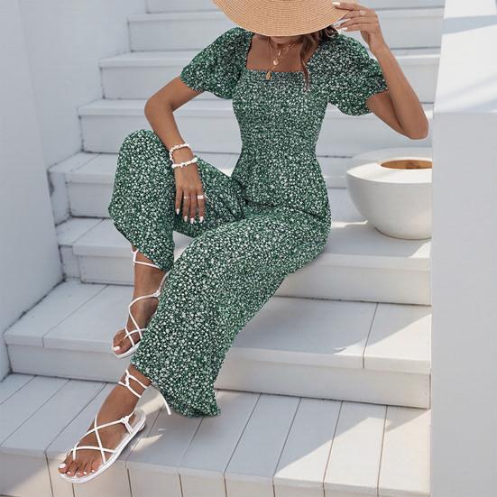 Женский комбинезон с квадратным вырезом и цветочным принтом, короткие рукава, широкие брюки, летний комбинезон