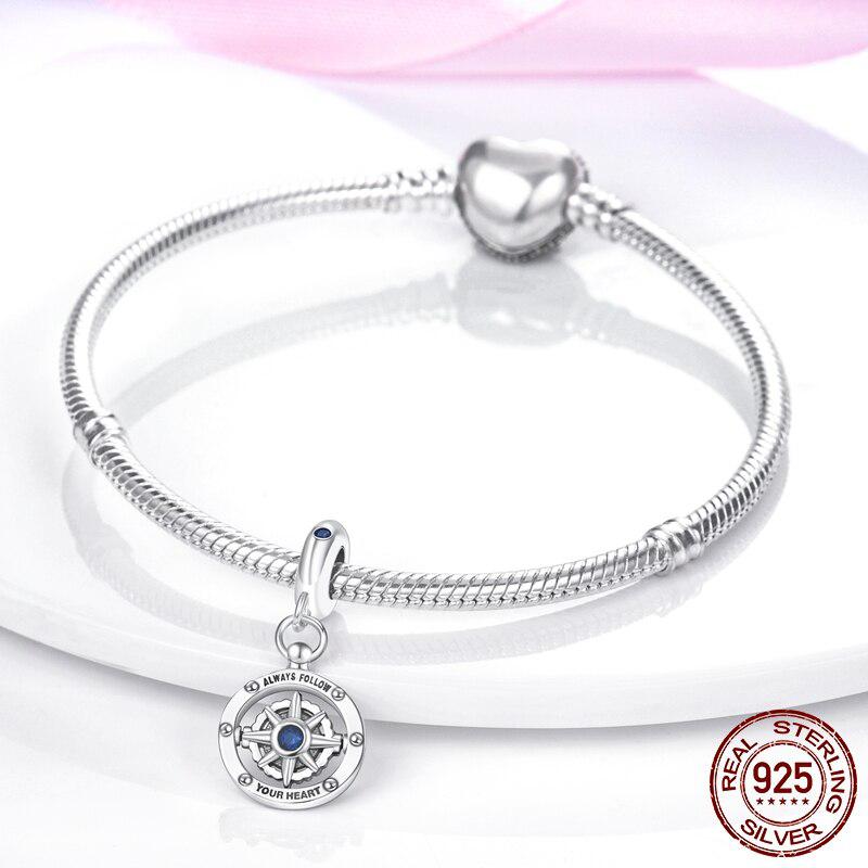 Follow Heart Компас Висячие Подвески Бусы Кулон Стерлингового Серебра 925 Подходит Оригинальный Модный Браслет DIY для Изготовления Ювелирных Изделий