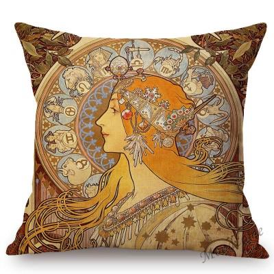 Vintage European Art Nouveau Mucha Gallery Decorative Sofa Pillow Cover Beautiful Beauty Girl Cotton Linen Luxury Cushion Cover