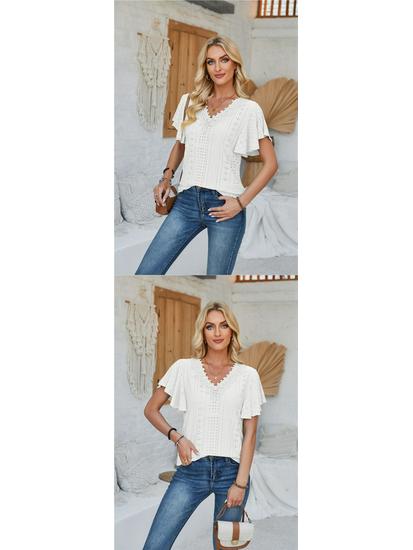 Spring/Summer Women's Lace V-Neck Ruffle Sleeve Loose T-Shirt