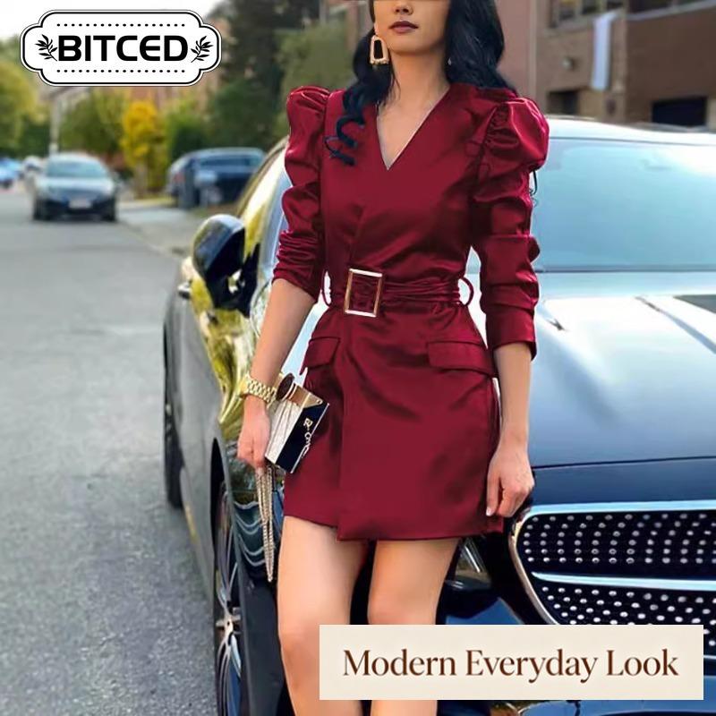 BITCED Женская мода осень-зима сплошной цвет печати с длинным рукавом V-образным вырезом повседневные платья