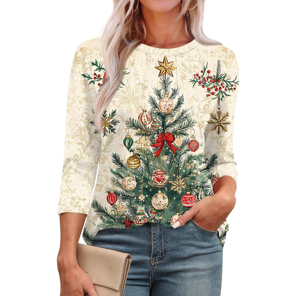 Women's Fashionable Round Neck 3/4 Sleeve Christmas Prints Casual Basic Pleated Pullover T-shirt Top