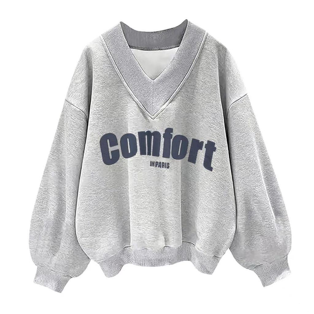 Женские толстовки с V-образным вырезом, длинным рукавом, свободные однотонные футболки, повседневные свободные спортивные свитера для тренировок