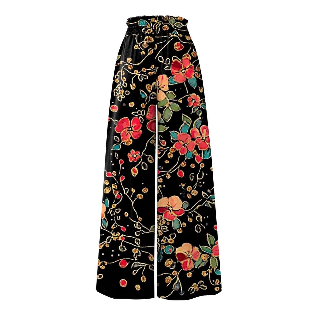 Женские брюки с высокой талией, широкие, повседневные, струящиеся брюки-палаццо, брюки с цветочным принтом и карманом