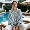 Lantern Sleeve Cardigan Women Oversized Knit Sweater, Collared Top with Large Metal Button Front Outerwear Buttons, Loose Casual Sweater for