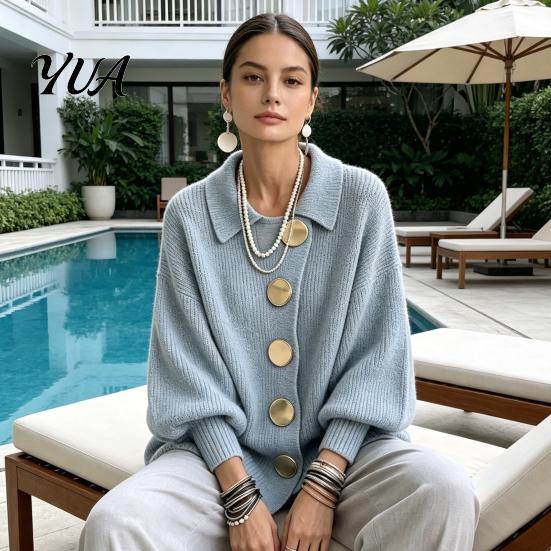 Lantern Sleeve Cardigan Women Oversized Knit Sweater, Collared Top with Large Metal Button Front Outerwear Buttons, Loose Casual Sweater for