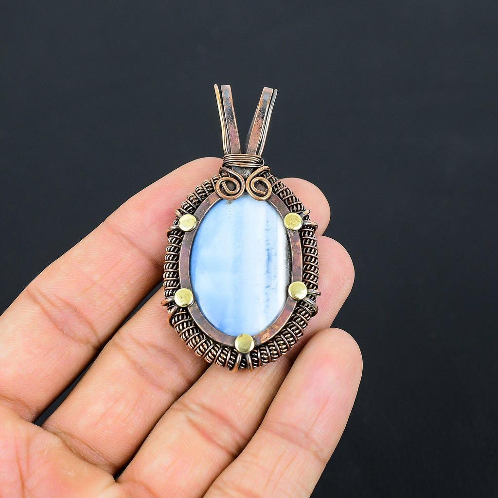 Owyhee Opal Gemstone Pure Copper Wire Wrapped Handmade Pendant Jewelry