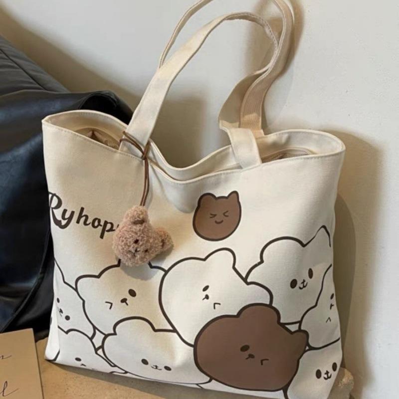 Instagram Cartoon Bear Trendy Casual Commuting Shoulder Bag Большая вместительная сумка-тоут для повседневной жизни Портативная холщовая сумка