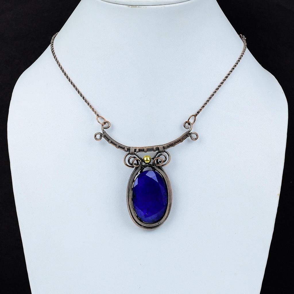 Lab Created Sapphire Gemstone Pure Copper Wire Wrapped Handmade Jewelry Necklace For Gift