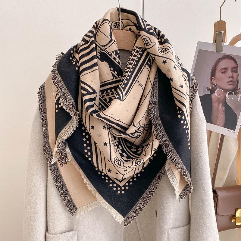 Polka Dot Cashew Scarf Geometric Line Splicing Shawl Women'S Imitation Cashmere Warm Square Scarf