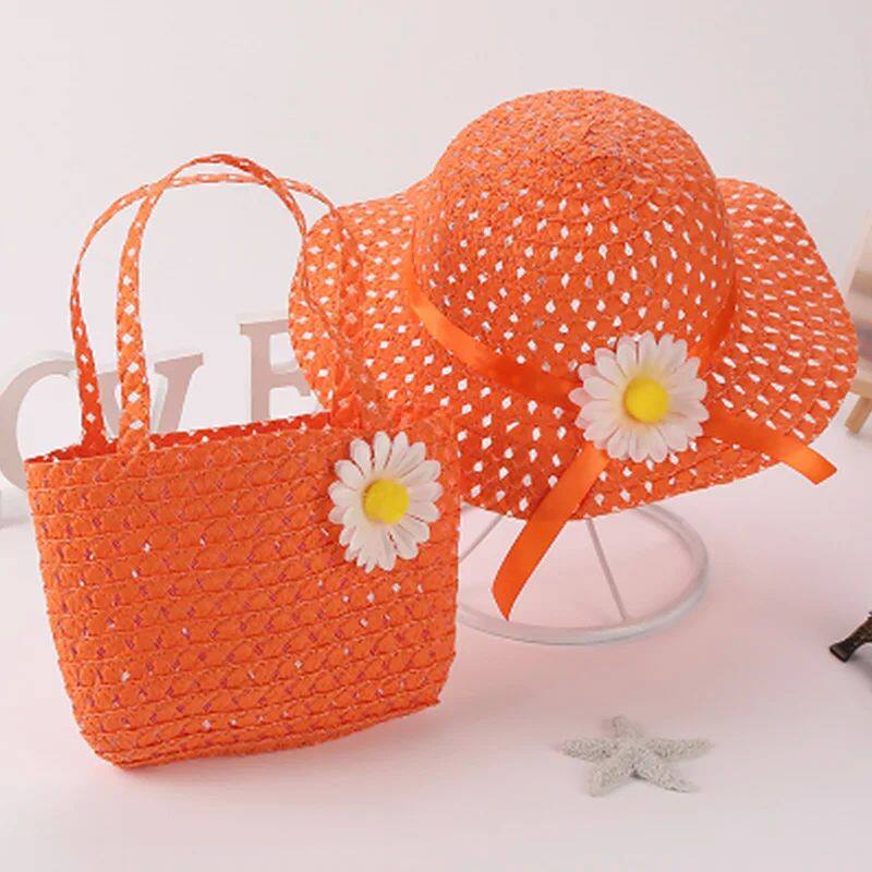 Children's Sunflower Straw Hat Set Hat Bag Infant Baby Straw Hat Medium Children's Sun Hat