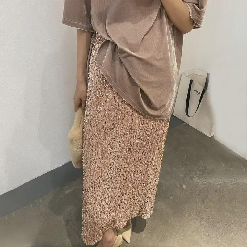 2025 Европейская и американская узкая длинная юбка с высокой талией и пайетками - женская эластичная юбка с резинкой на талии