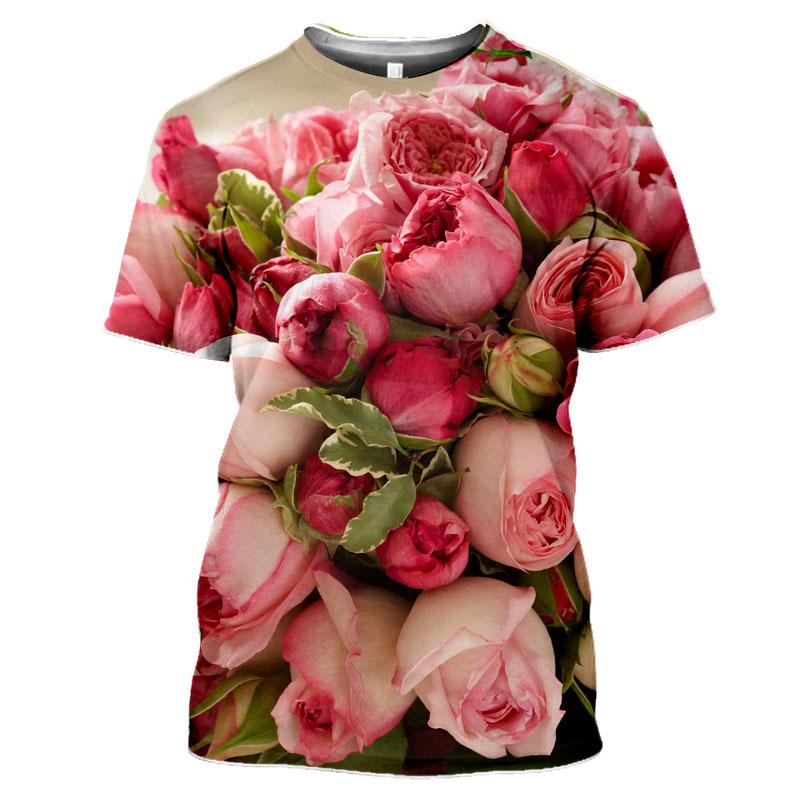 Summer Round Neck 3D Flower Pattern Printed Top Fashionable Casual Short Sleeved Women's T-shirts