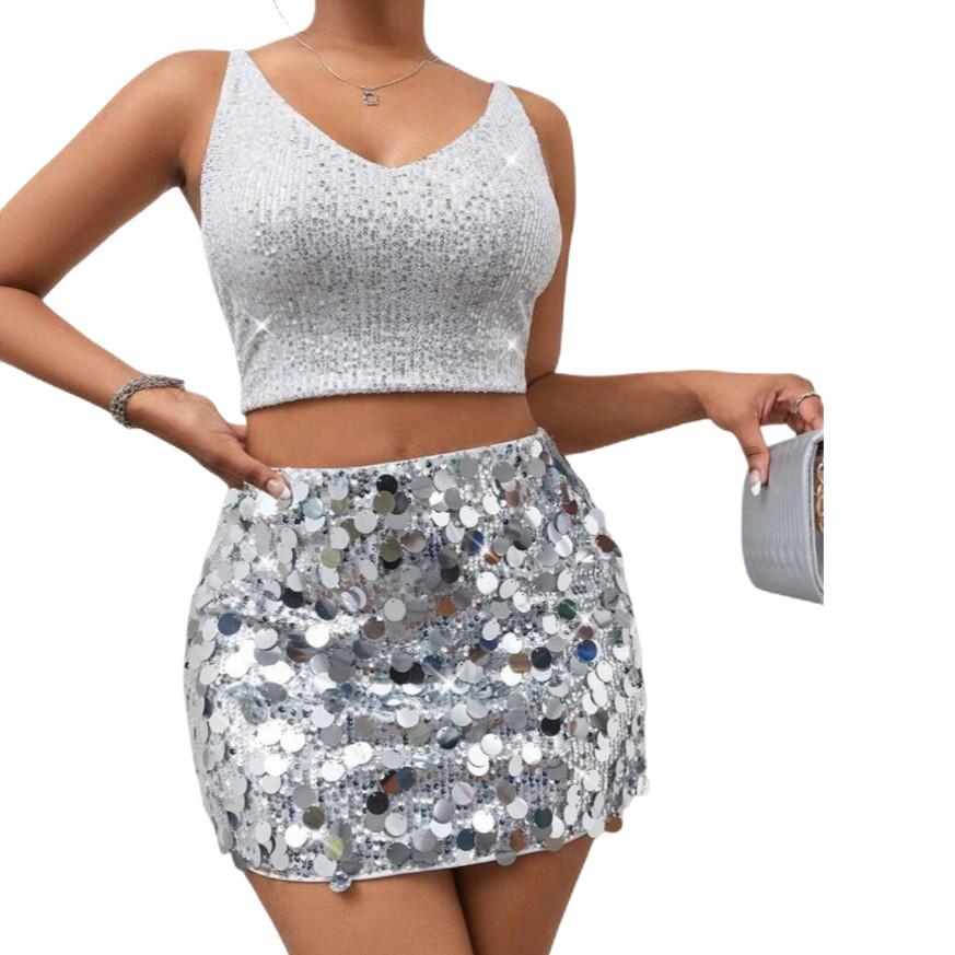 Женская асимметричная мини-юбка с пайетками Весна/Лето 2025 для вечеринки и ночного клуба