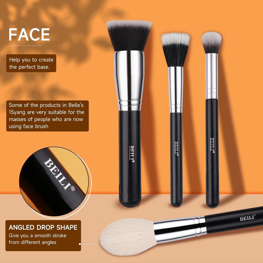 BEILI Makeup Brushes 15pcs Professional Premium Synthetic Goat Hair Kabuki Foundation Blending Face Powder Blush Concealers Eye Shadows With Holder