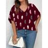 Fashionable V-neck Flared Sleeve Women's T-shirt Lightweight Stretch Casual Tops with Feather Print